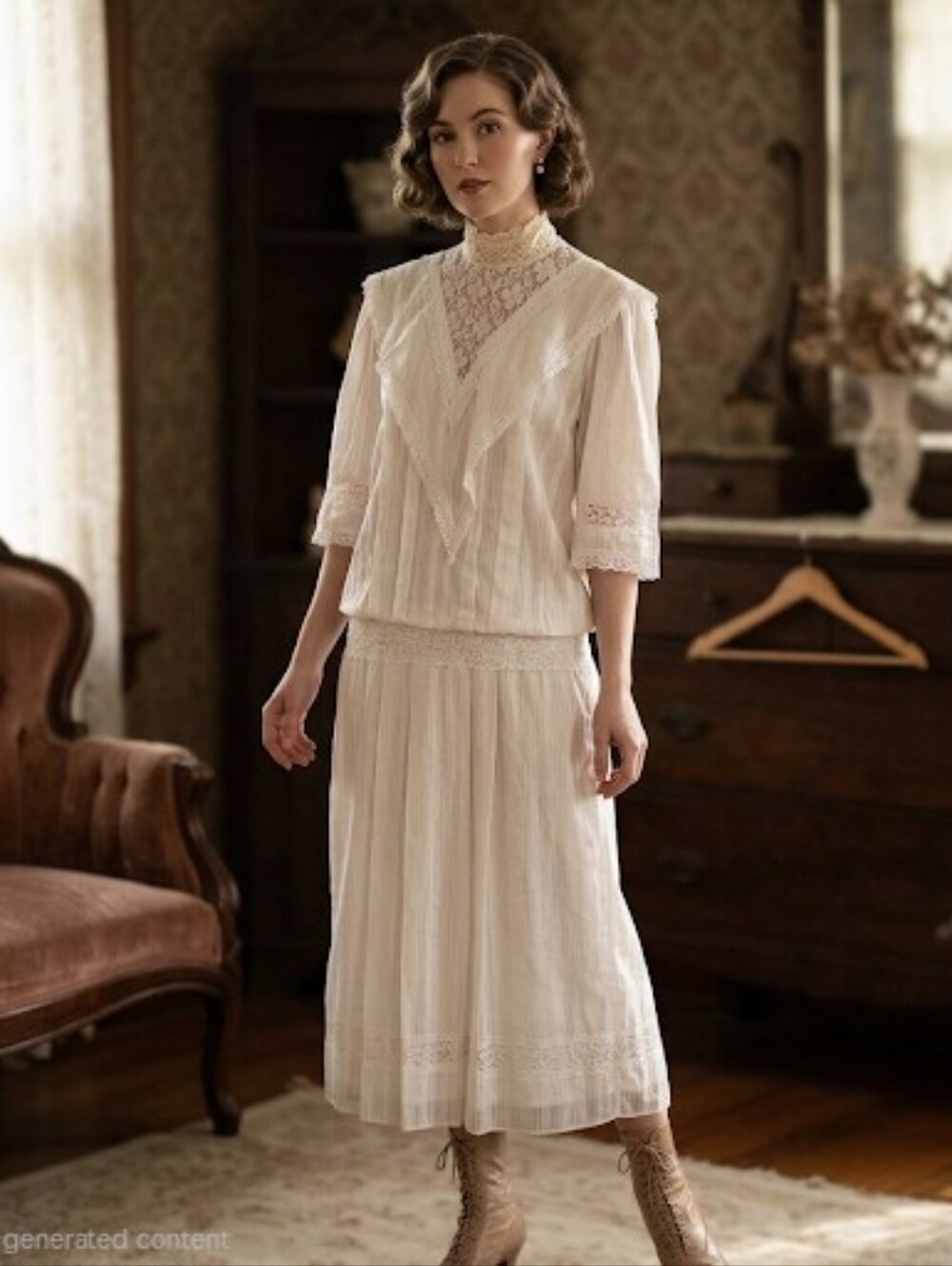 Vintage Gunne Sax by Jessica McClintock Cream Lace Prairie Edwardian Maxi Dress